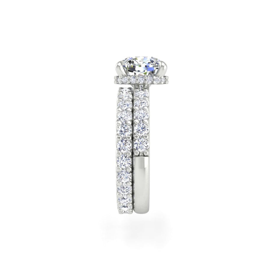 3 Cushion Low Profile Engagement Ring with Hidden Halo and Pave Set