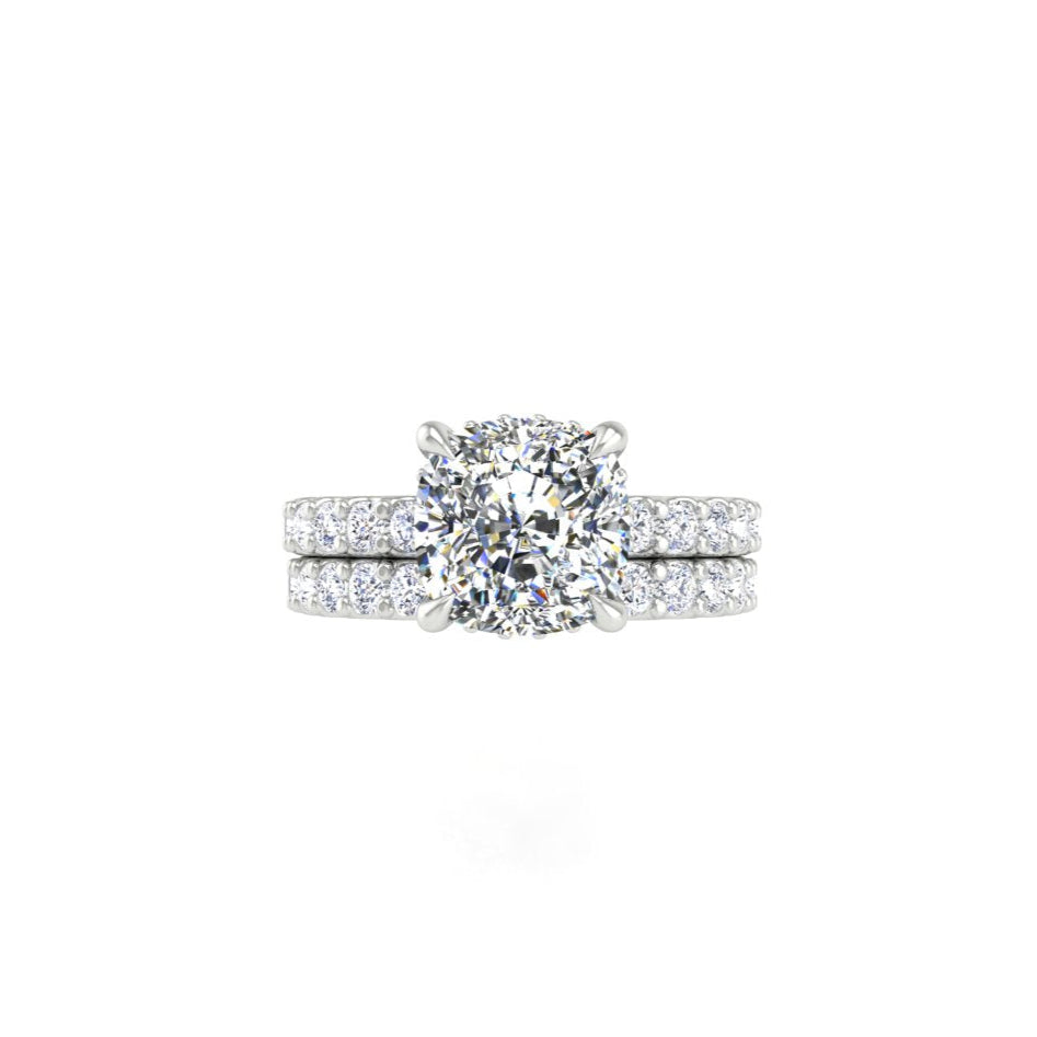 3 Cushion Low Profile Engagement Ring with Hidden Halo and Pave Set
