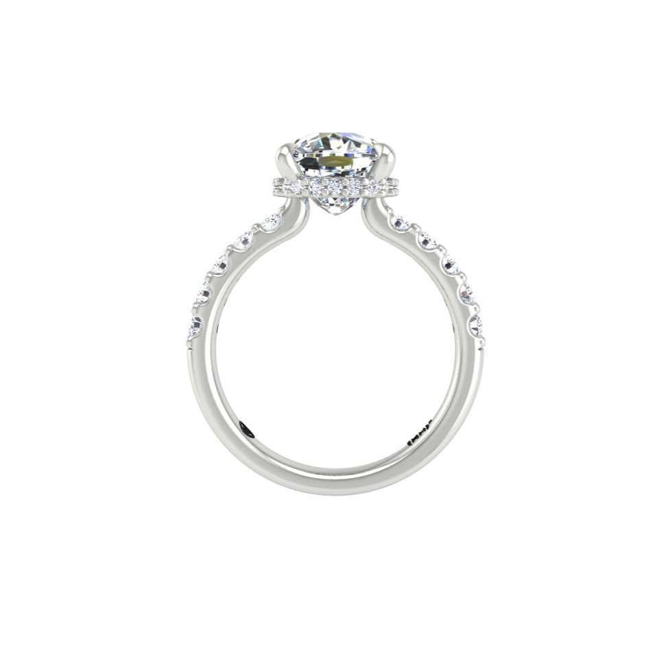 3 Cushion Low Profile Engagement Ring with Hidden Halo and Pave