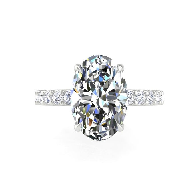 3 Cushion Low Profile Engagement Ring with Hidden Halo and Pave