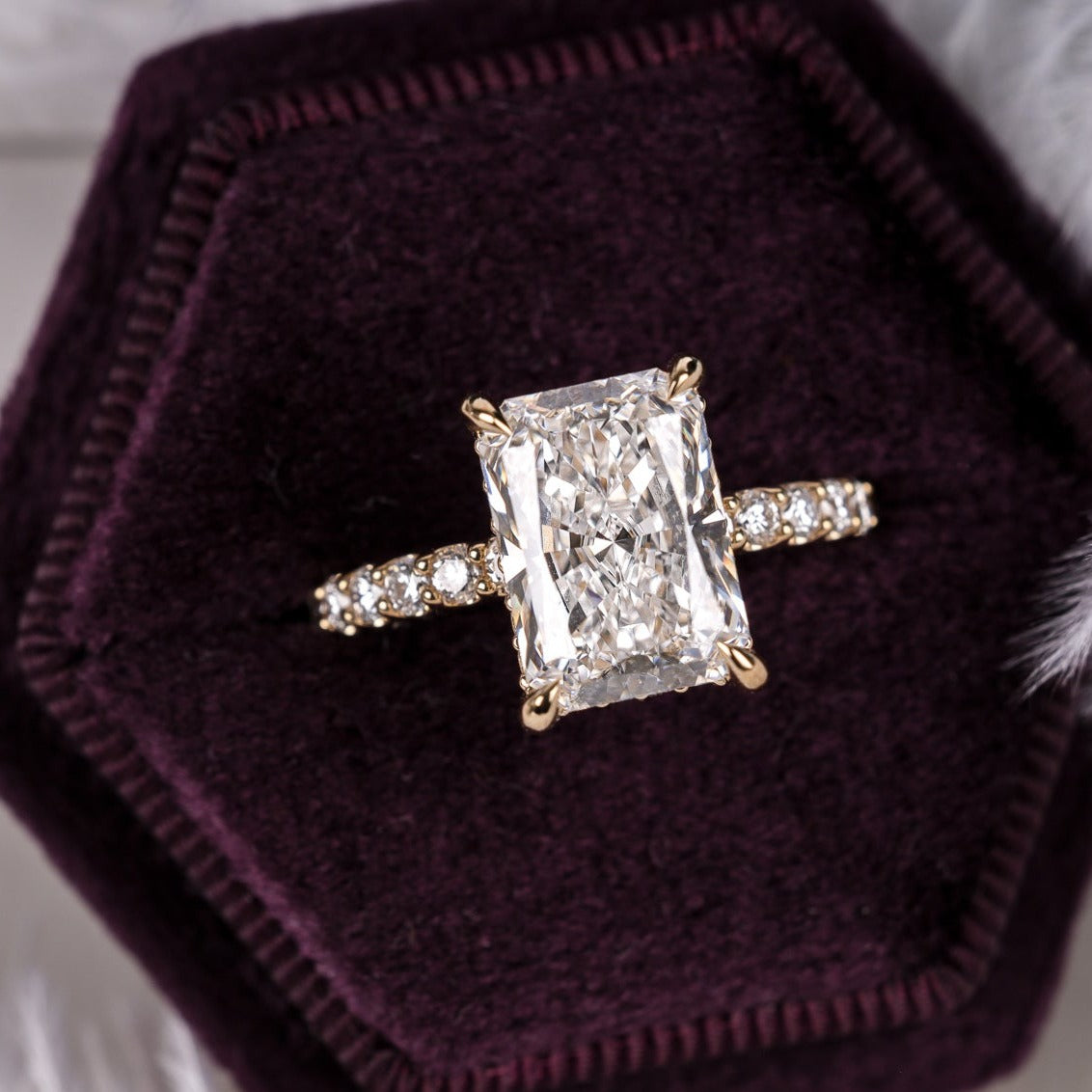 Engagement Ring Radiant Cut Lab Diamond Hidden Halo Pave Band