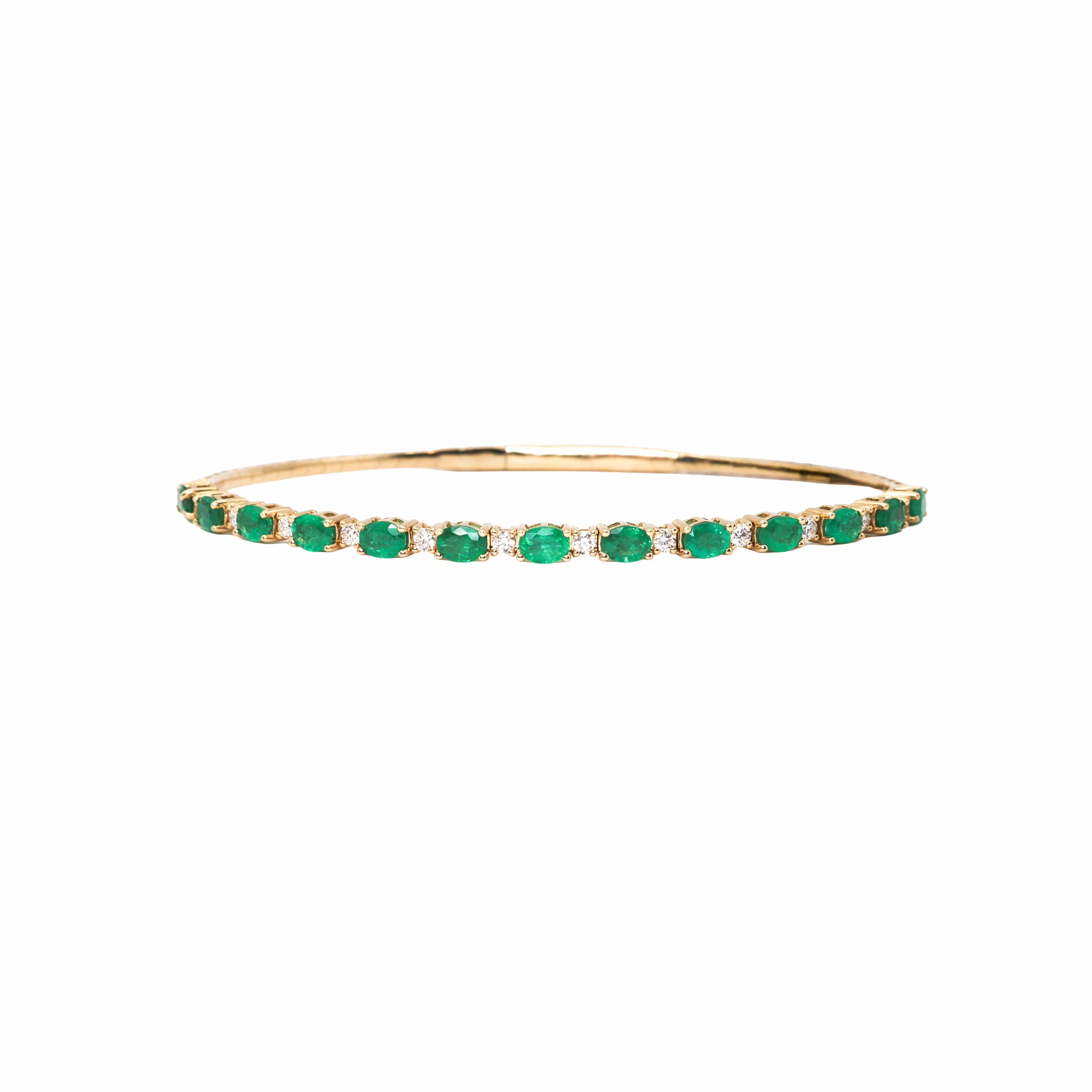 Alternating East to West Set Oval Emerald and Round Diamond Flexible Bangle Bracelet