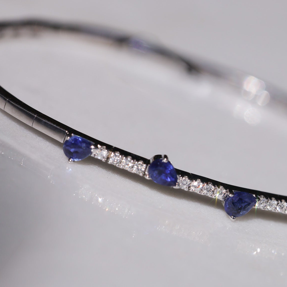 Alternating Round Diamond and Pear Shape Sapphire Flexible Bangle Bracelet