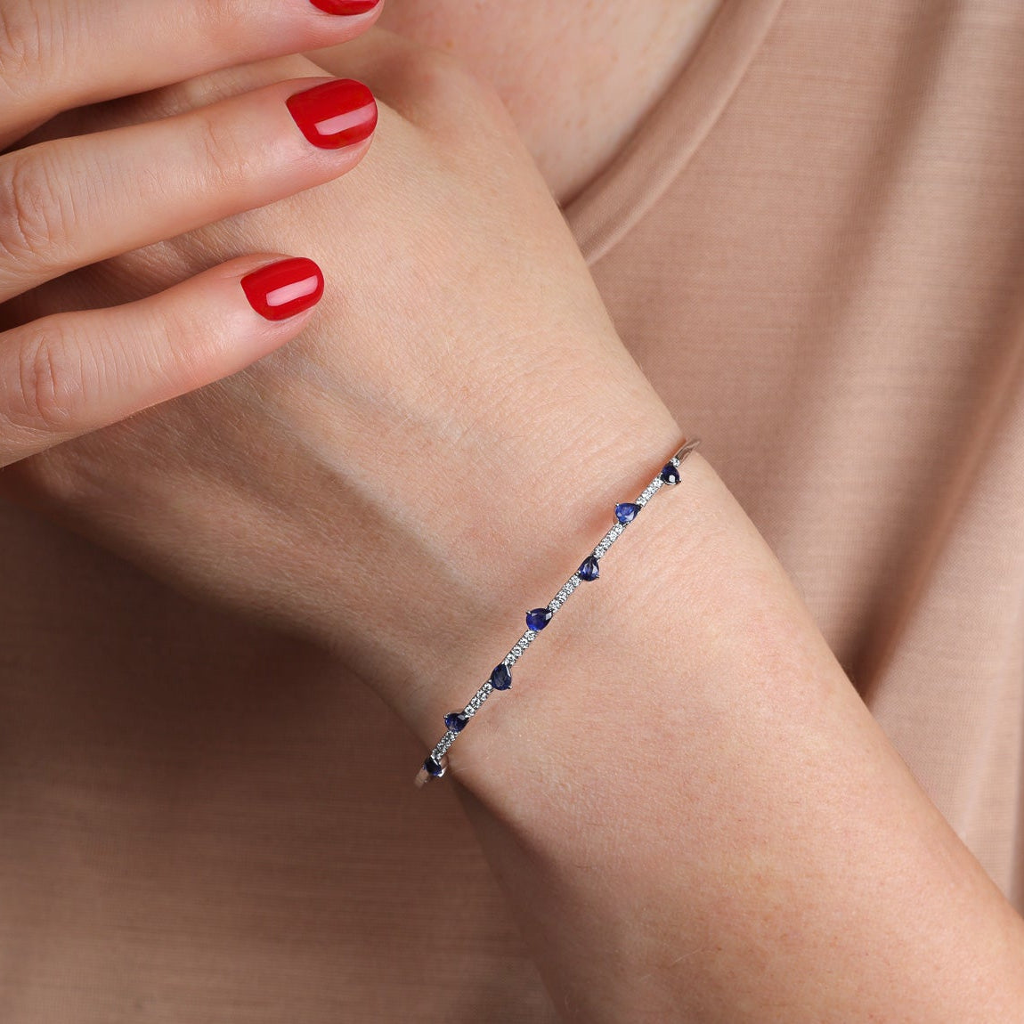 Alternating Round Diamond and Pear Shape Sapphire Flexible Bangle Bracelet