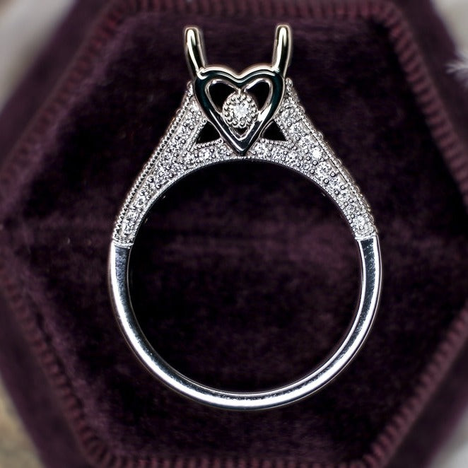 Engagement Ring 2 Carat Asscher Cut Art Deco Heart Pave Millgrain