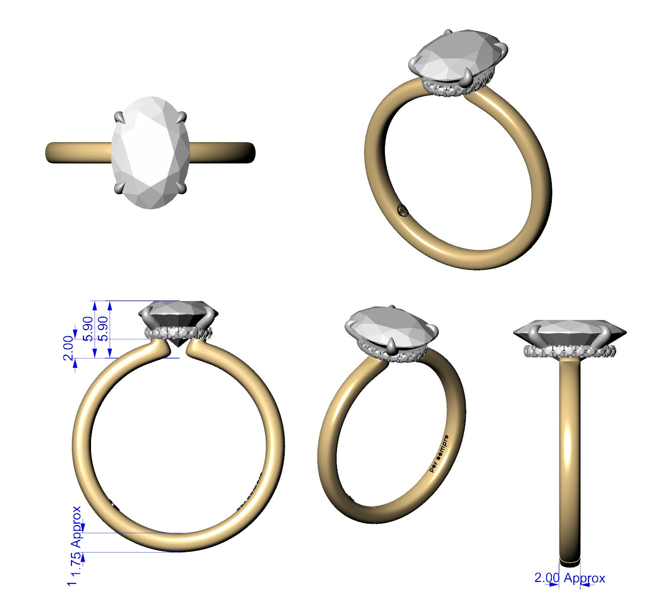Engagement Ring 3 Carat Oval Solitaire Hiden Halo Two Tone - Custom Andrey