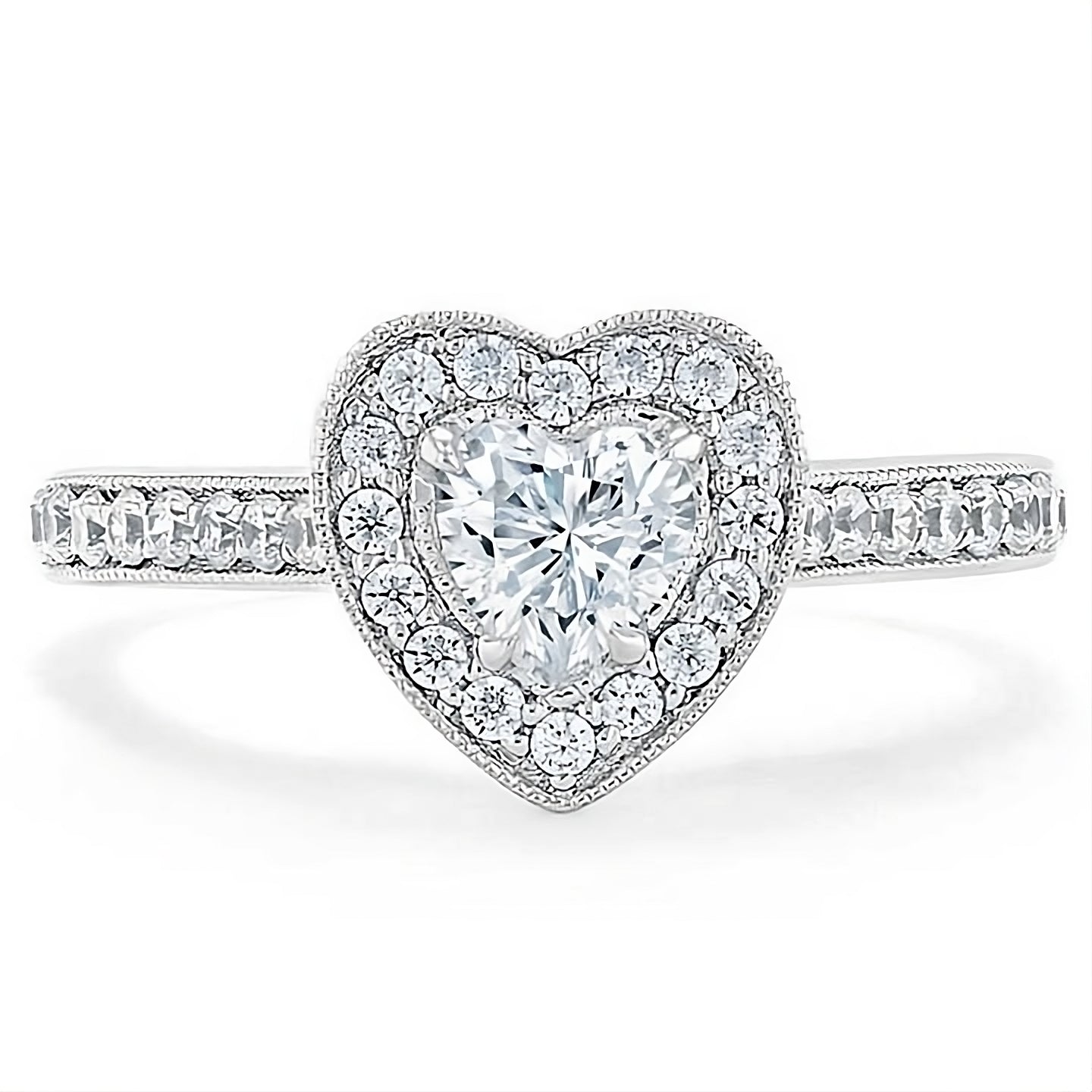 Engagement Ring 1 Carat Heart Cut Lab Diamond Halo Channel Milgrain Band