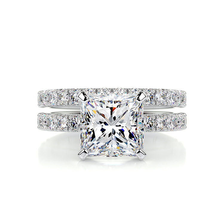 Engagement Ring 2 Carat Princess Cut Lab Diamond Pave Band and Wedding Band Set