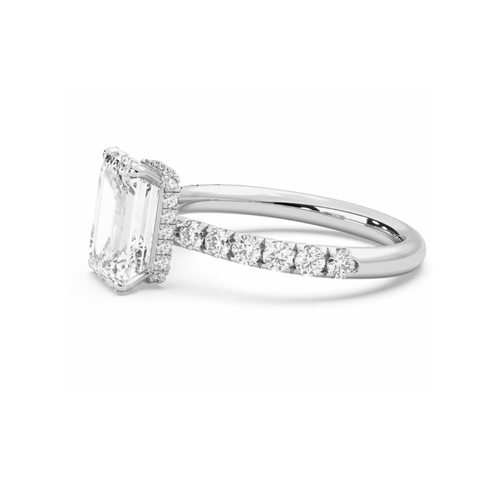 Engagement Ring Low Profile 2 Carat Emerald Cut Pave Setting Hidden Halo