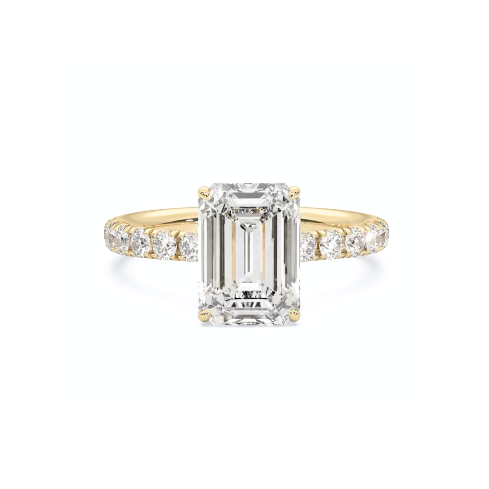 Engagement Ring Low Profile 2 Carat Emerald Cut Pave Setting Hidden Halo