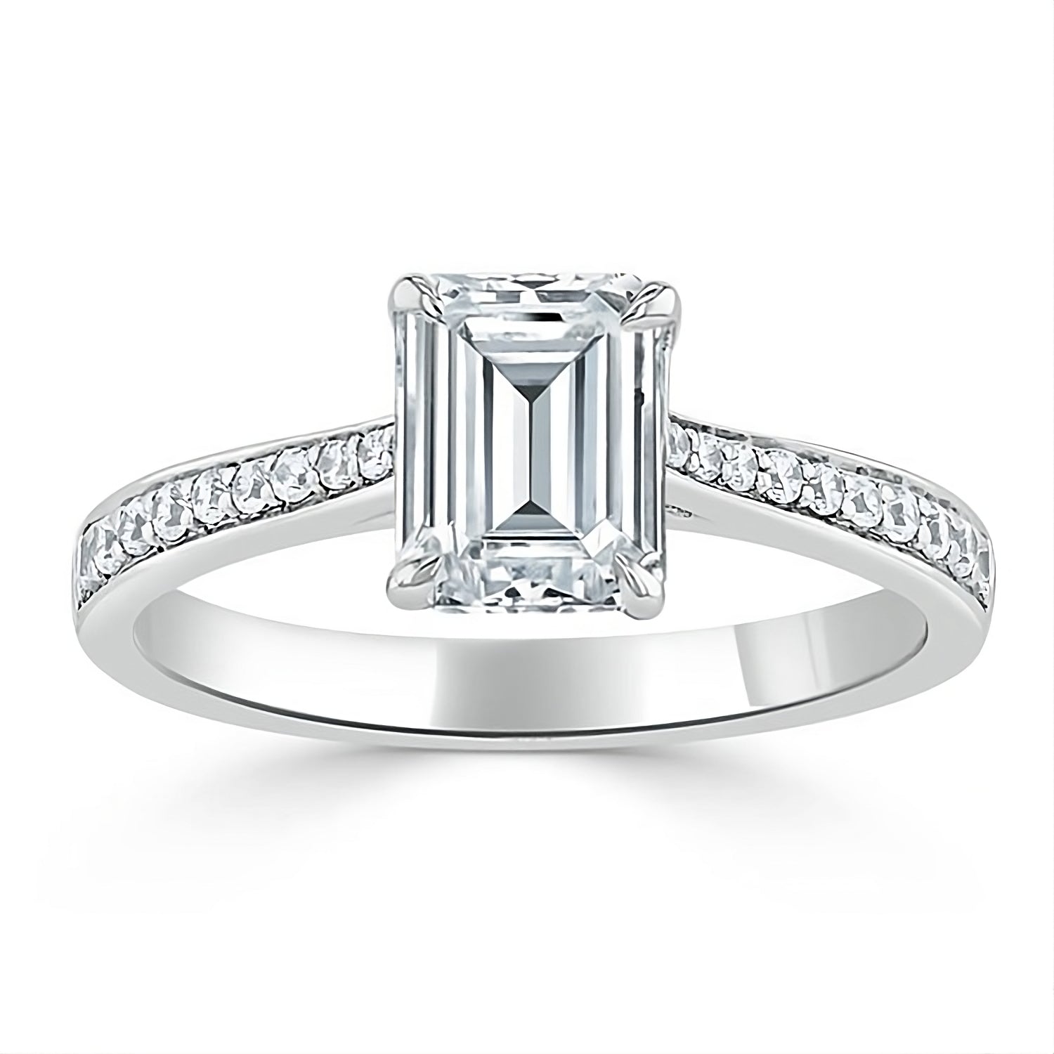 Engagement Ring 1 Carat Emerald Cut Lab Diamond in Channel Band