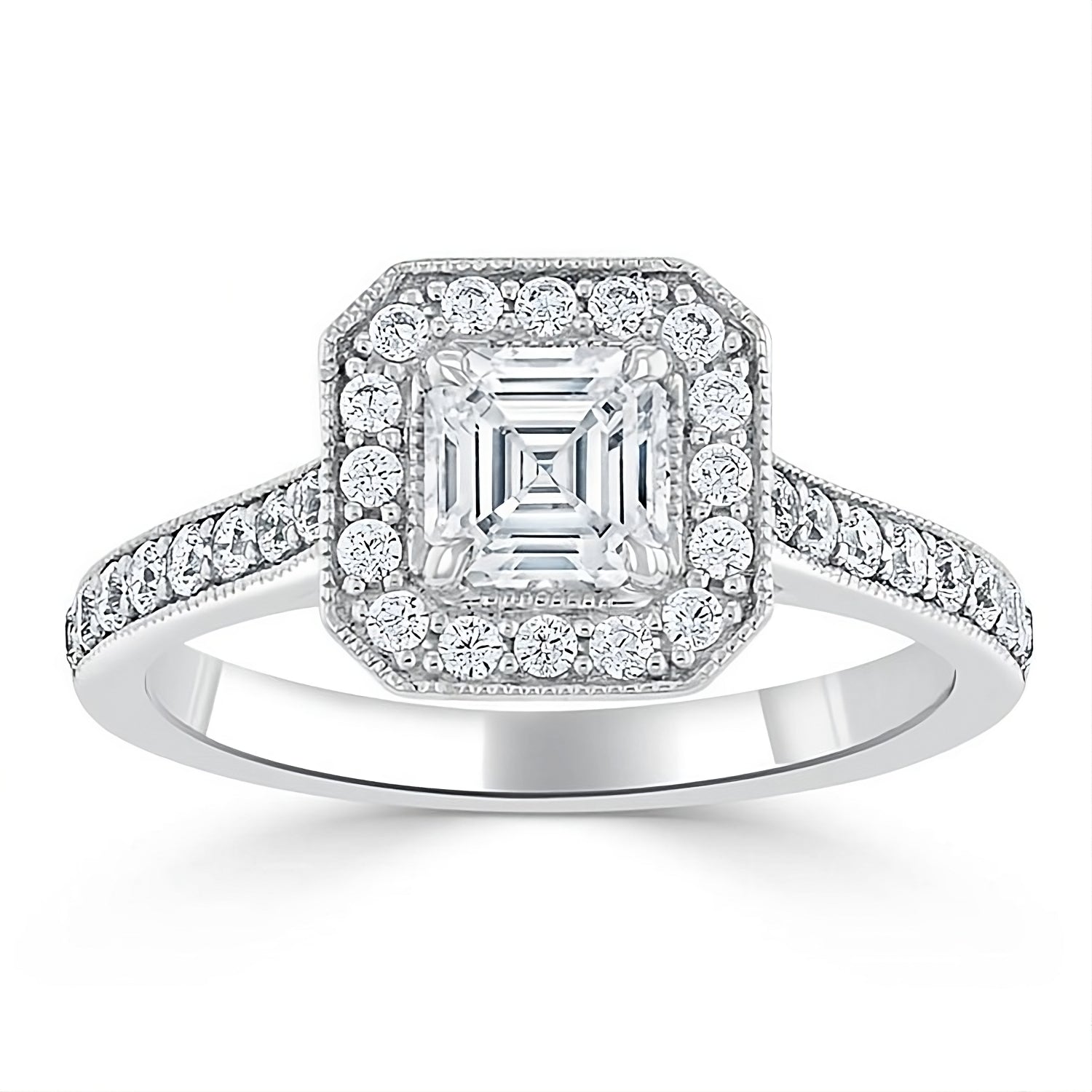 Engagement Ring 2 Carat Asscher Cut Lab Diamond Art Deco Halo Milgrain Band