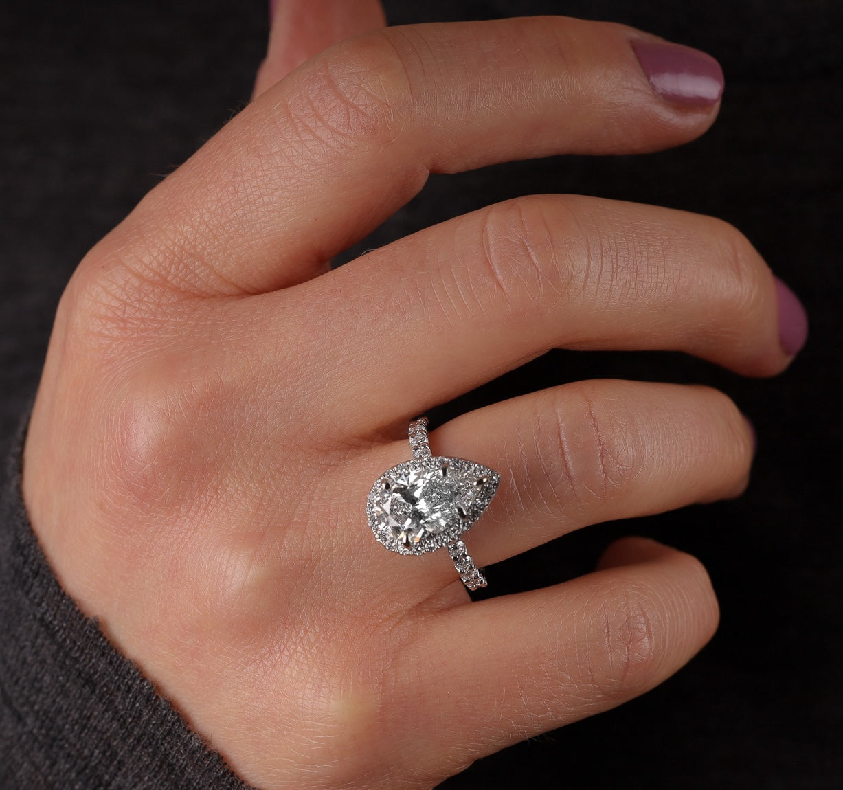 Engagement Ring Pear Cut Lab Diamond Halo Pave Band Basket