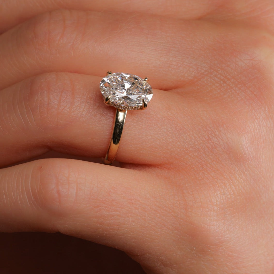 Engagement Ring Low Profile 3 Carat Oval Solitaire Hidden Halo