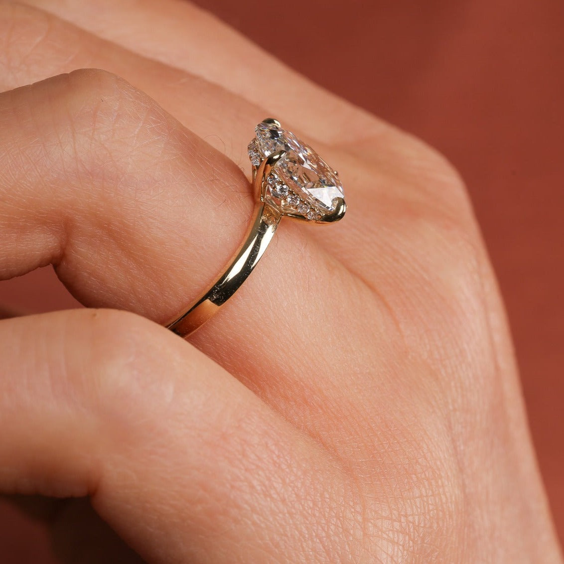Engagement Ring Low Profile 3 Carat Oval Solitaire Hidden Halo
