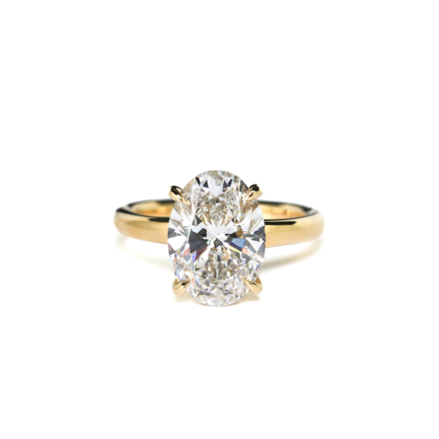 Engagement Ring Low Profile Oval Solitaire Hidden Halo Yellow Gold