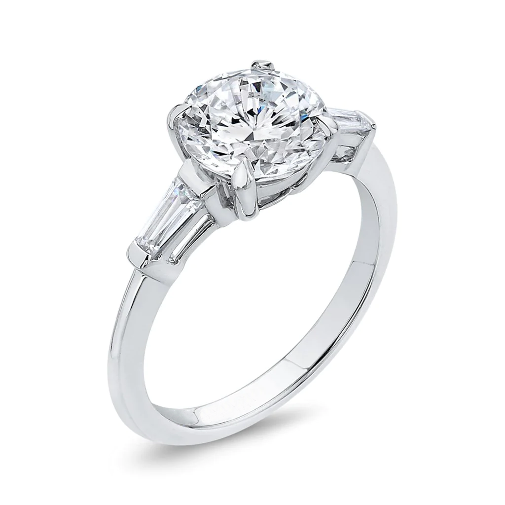 Engagement Ring 5 Carat Round Cut Three Stones Trapezoid Side Diamonds Royale Collection