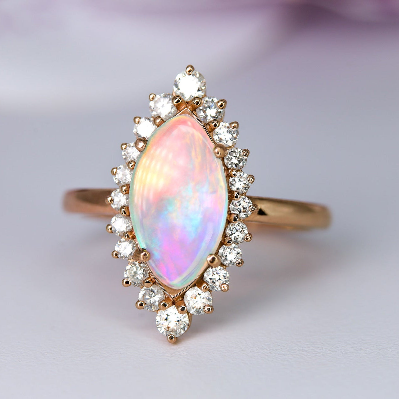 Marquise Brazilian Opal Ring in 14K Rose Gold And Halo