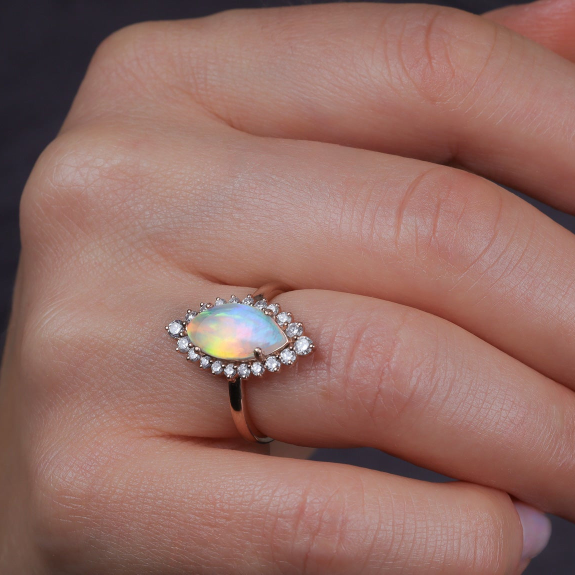 Marquise Brazilian Opal Ring in 14K Rose Gold And Halo