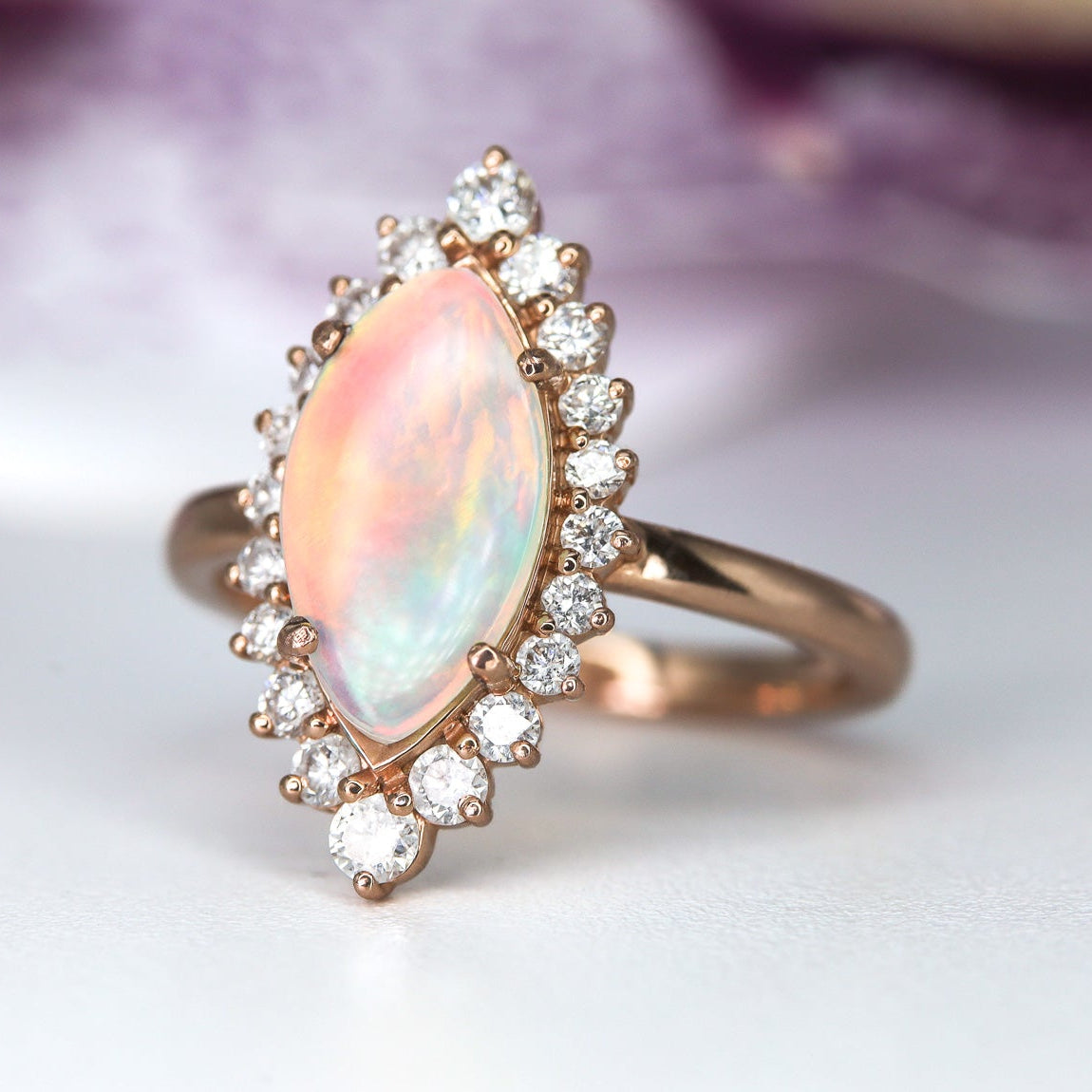 Marquise Brazilian Opal Ring in 14K Rose Gold And Halo