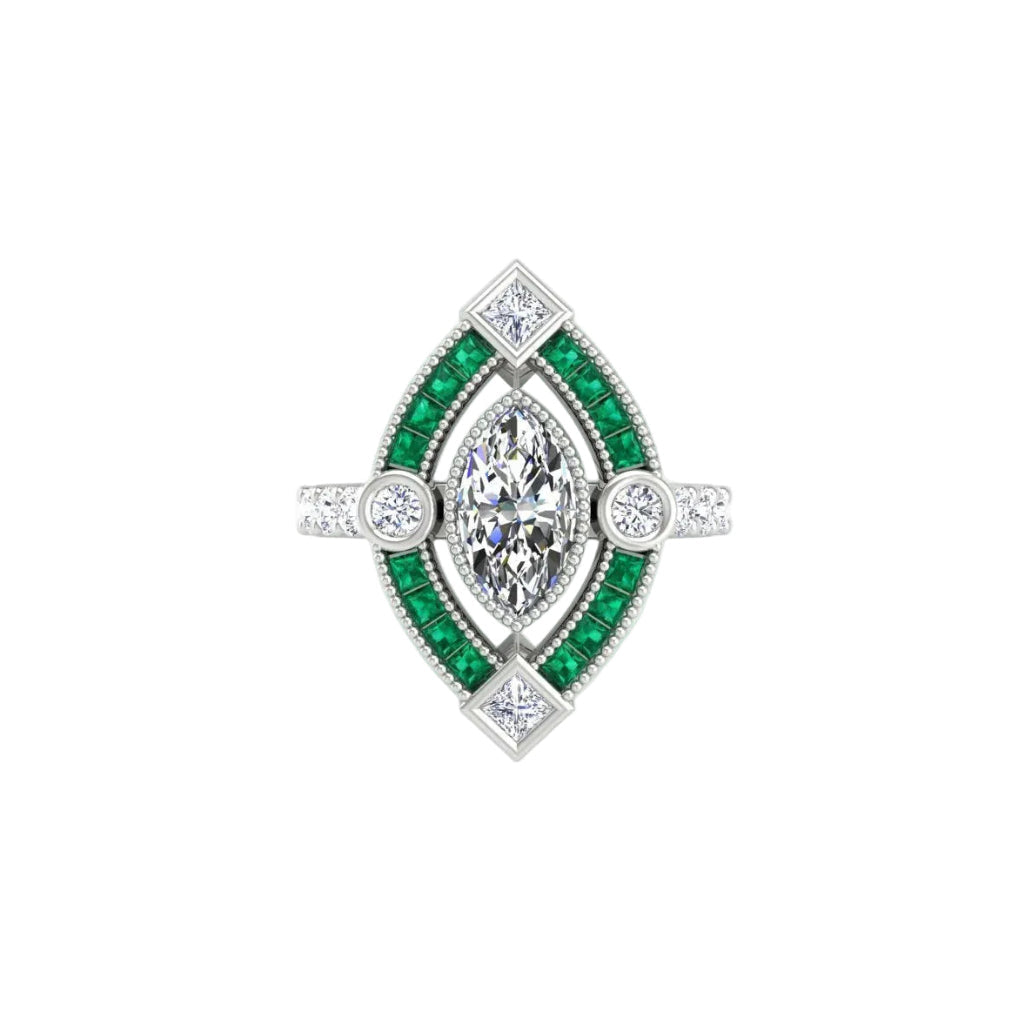 Marquise Art Deco Ring Marquise Center And Natural Emerald