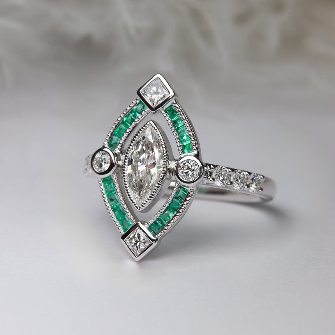 Marquise Art Deco Ring Marquise Center And Natural Emerald