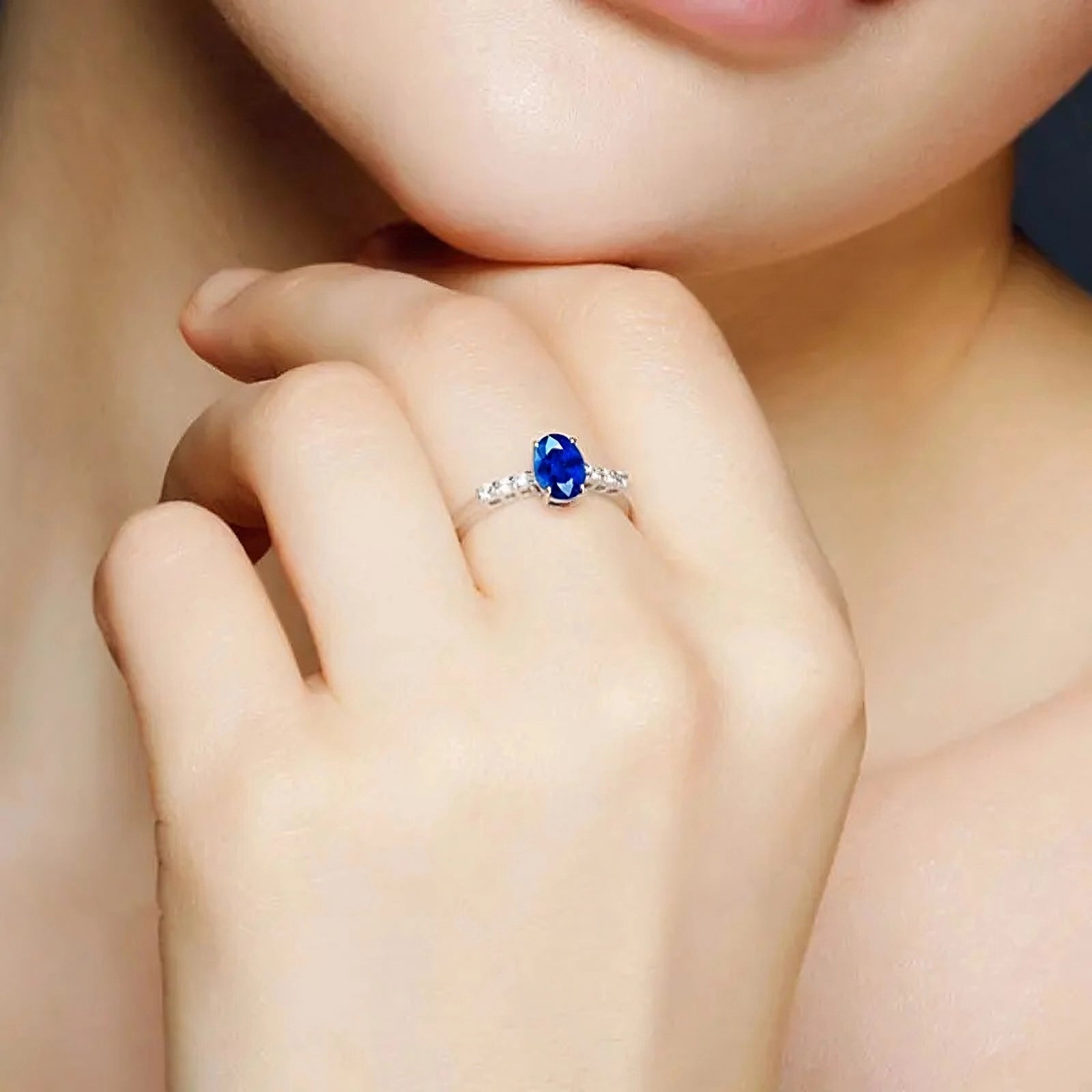 Sapphire 1 Carat Oval Cut Engagement Ring Pave Band