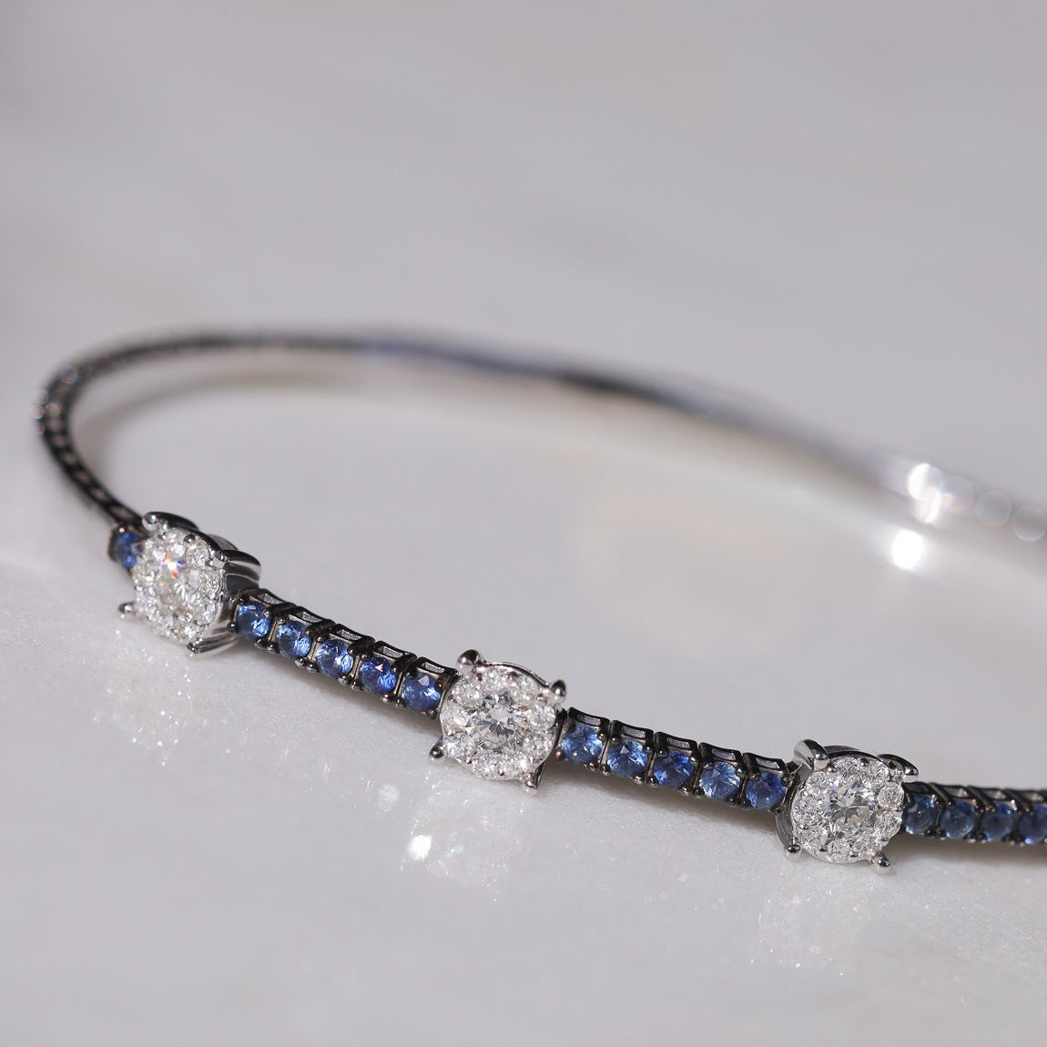 Sapphire and Cluster Diamond Flexible Bangle Bracelet