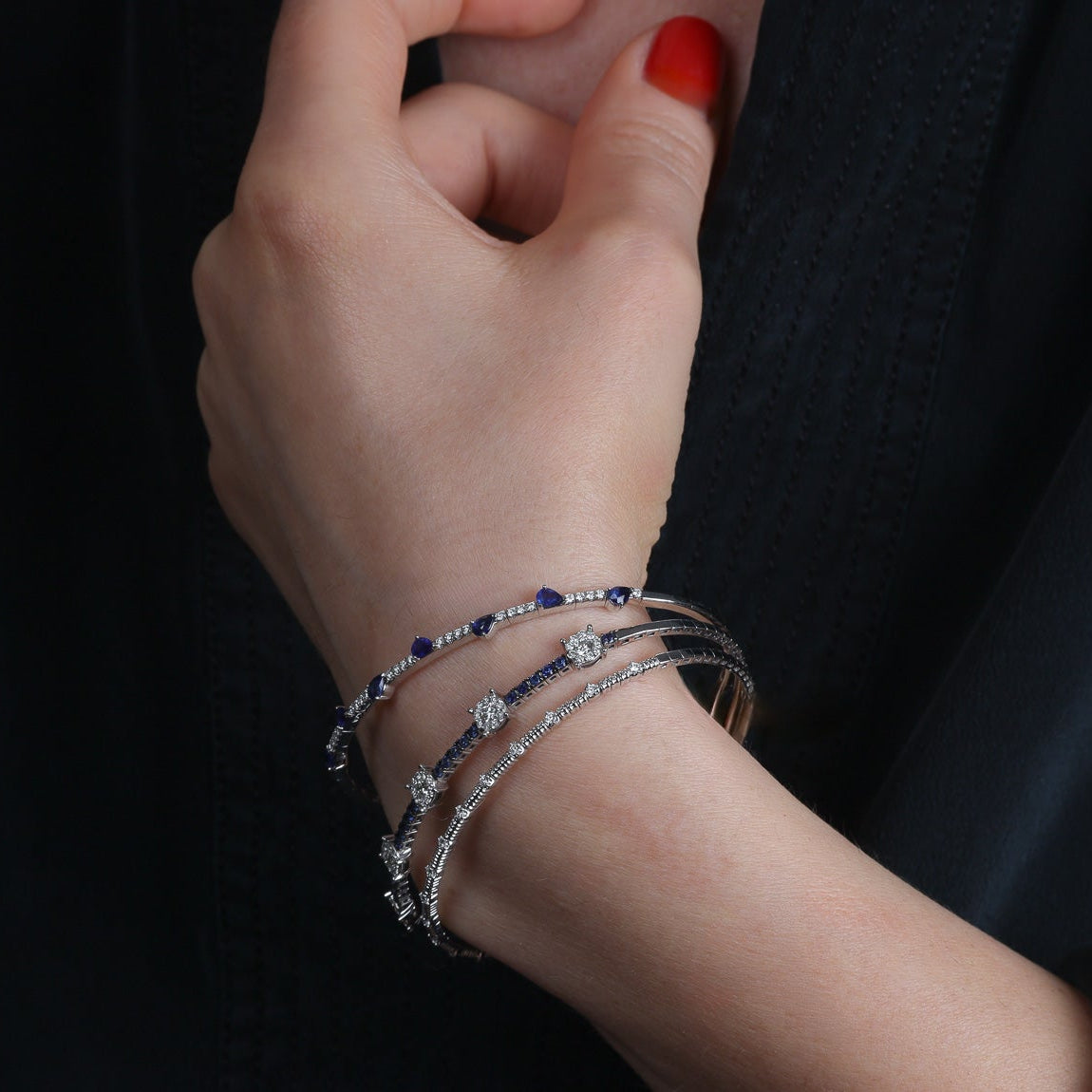 Sapphire and Cluster Diamond Flexible Bangle Bracelet