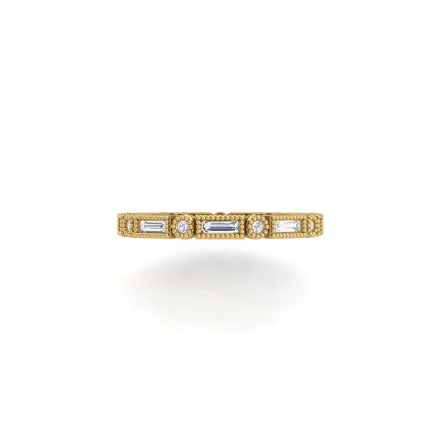 Stacking Eternity Wedding Band Art Deco Emerald and Round 2mm Wide Yellow Gold