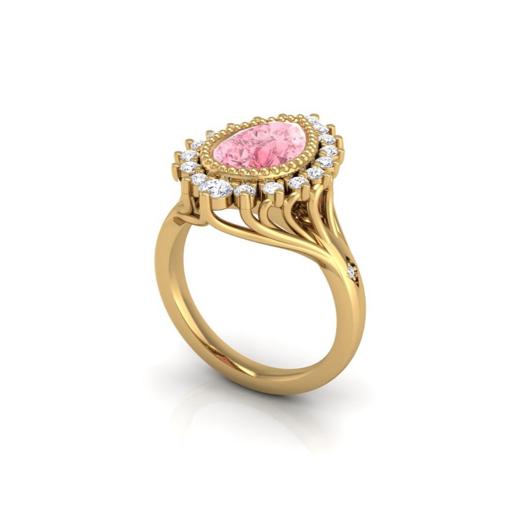 Sunrise Pear Sapphire Ring Millgrain and Halo