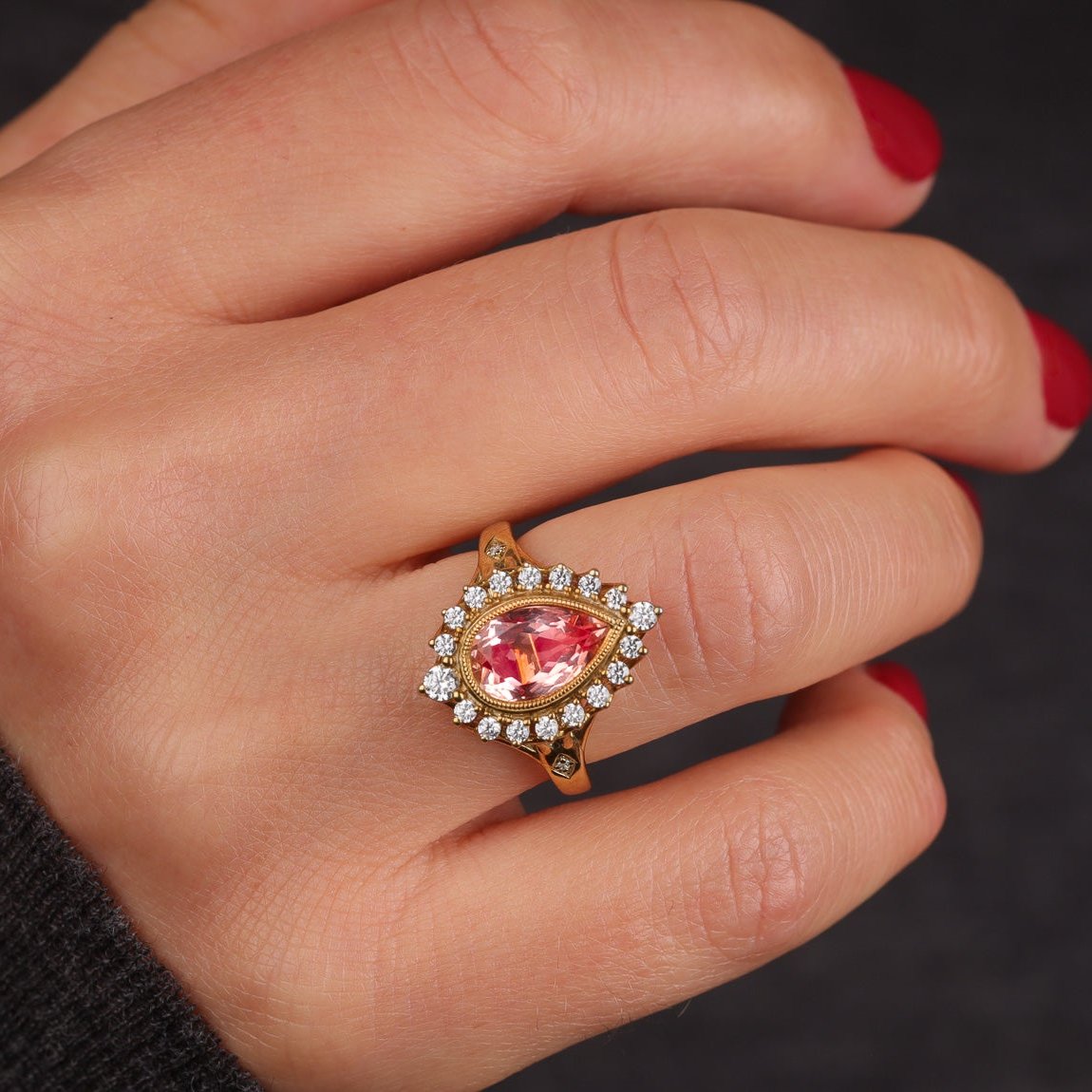 Sunrise Pear Sapphire Ring Millgrain and Halo