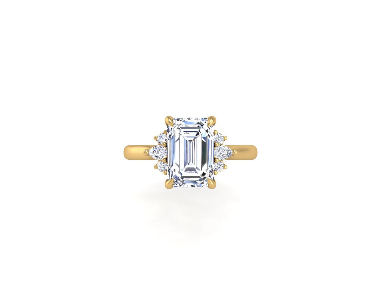 Engagement Ring Emerald With Pear and Round Side Stones
