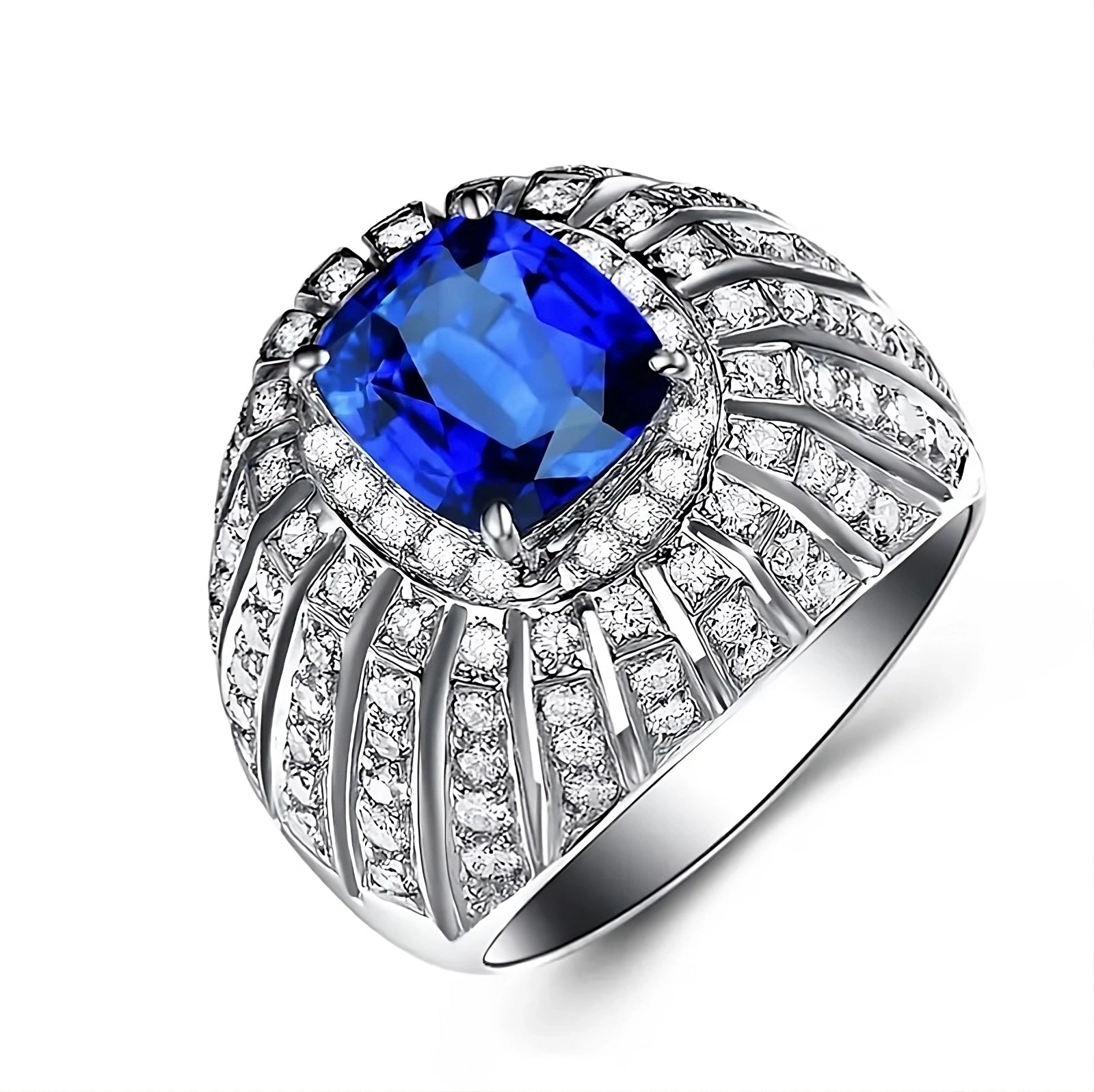 Sapphire 2 Carat Cushion Cut And Diamonds Rows Unisex Statement Band 