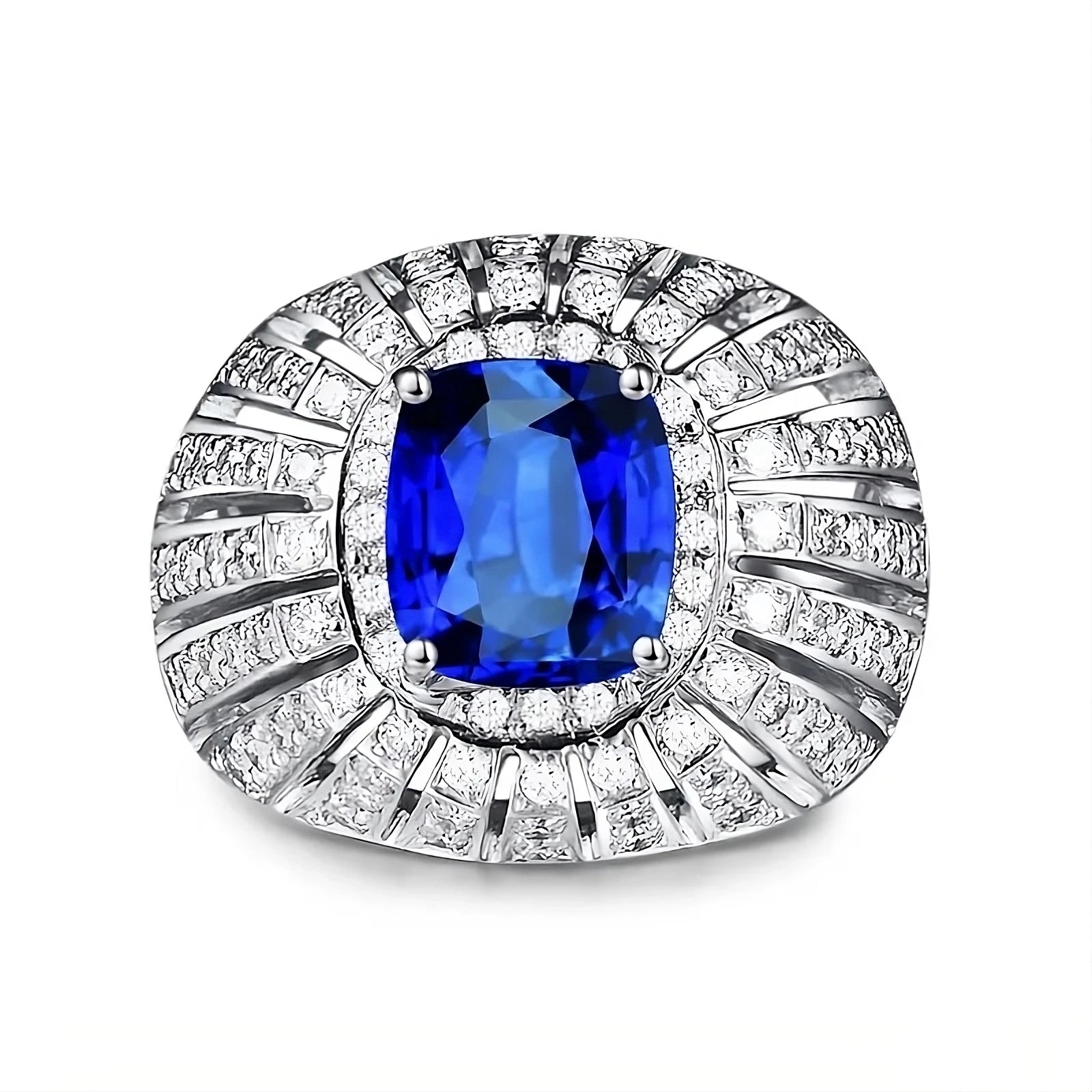 Sapphire 2 Carat Cushion Cut And Diamonds Rows Unisex Statement Band 