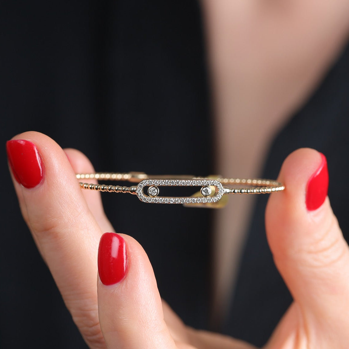 Yellow Gold Paper Clip Bracelet With Diamond Slide
