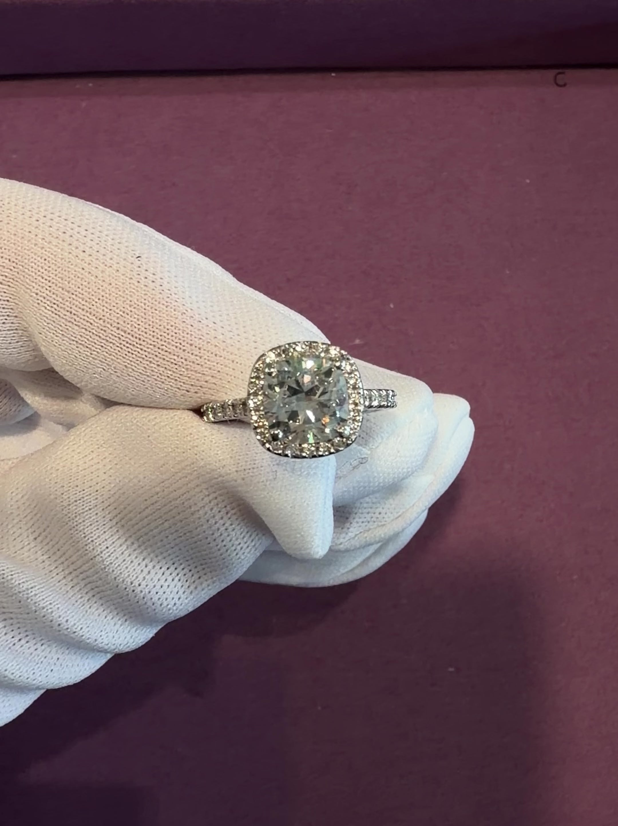 Engagement Ring Cushion Cut Diamond Halo Pave Low Profile
