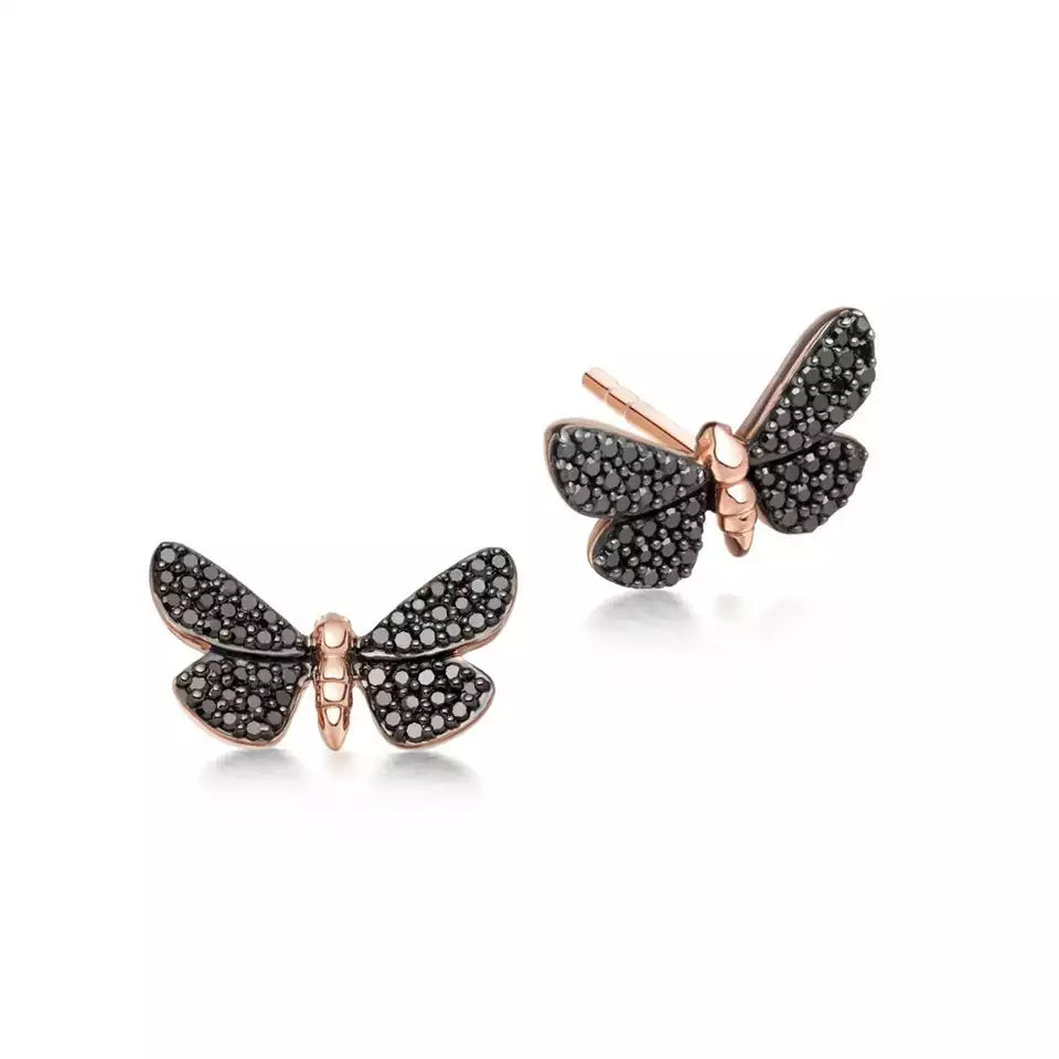 Black Diamond Butterfly Earrings In Rose 14k Gold.