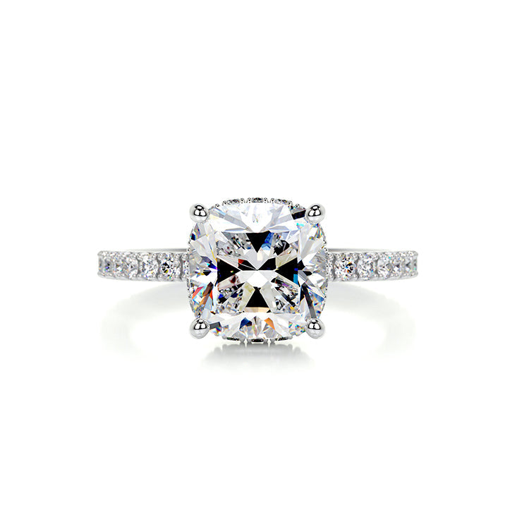 Engagement Ring 2 Carat Cushion Cut Lab Diamond Hidden Halo Pave Band